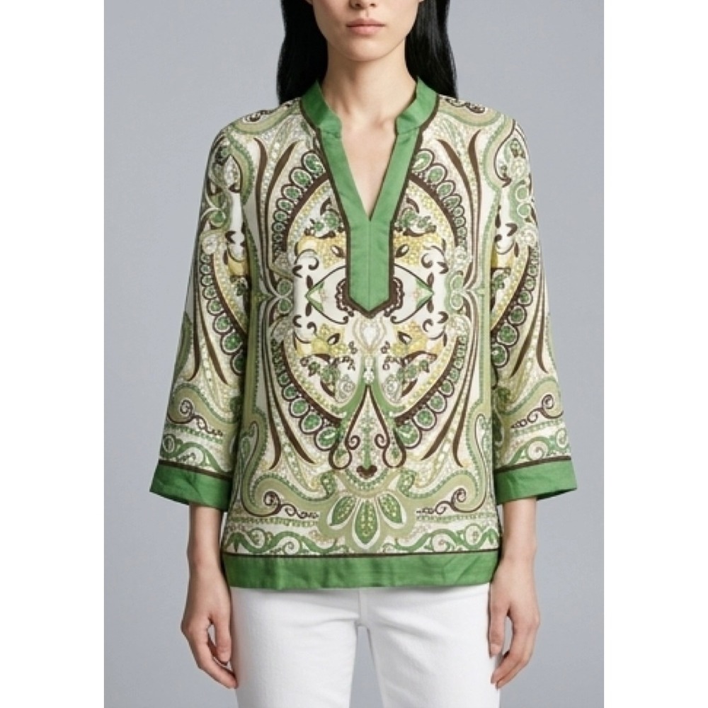 Ann Taylor Green Paisley 100% Silk Tunic Blouse Split Neck 3/4 Sleeve Size 2